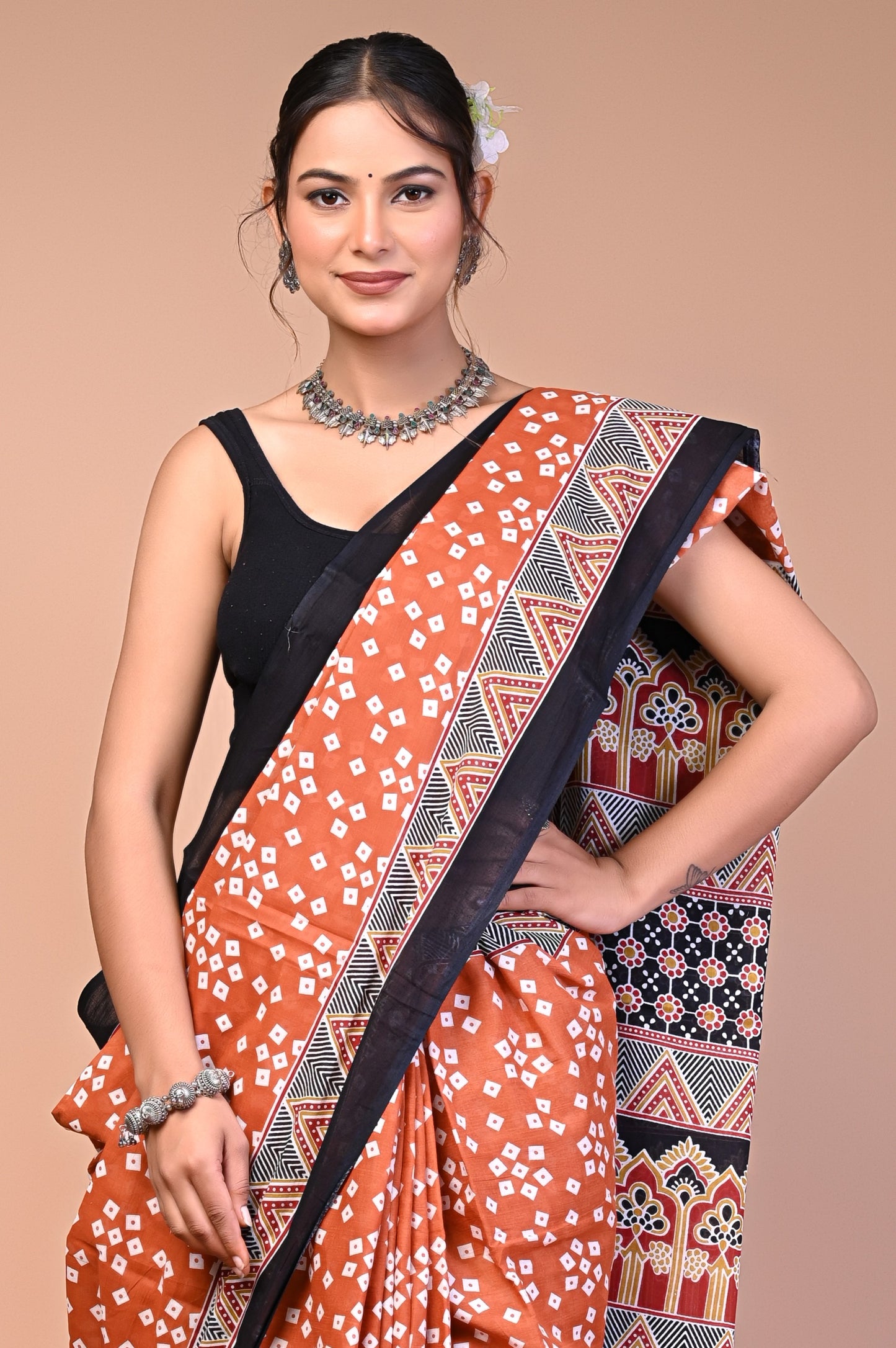 Hand Block Print Cotton Mulmul Saree – Lightweight & Breathable Everyday Wear