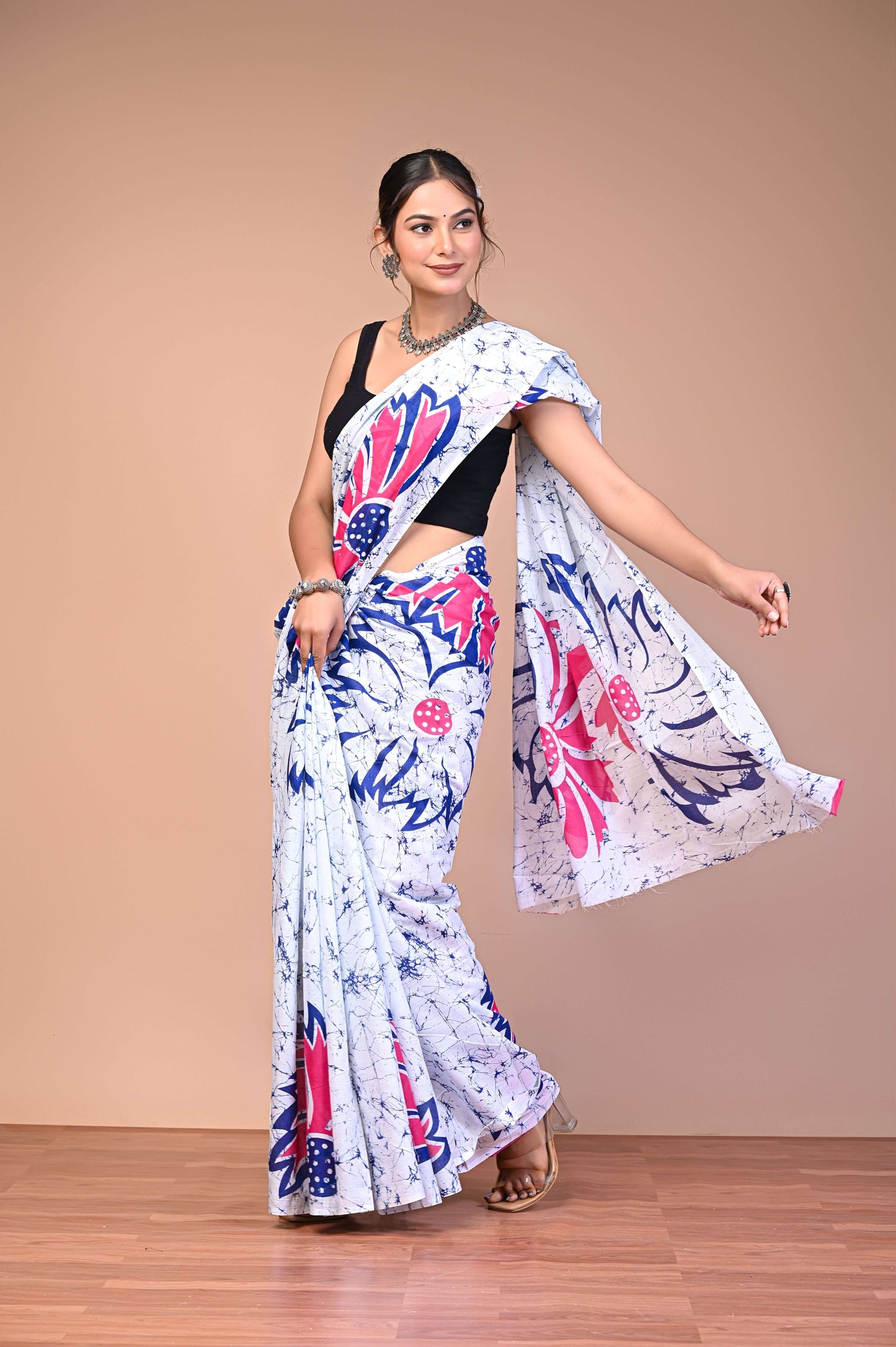 Batik Printed Cotton Mul Saree full drape view in soft breathable mul fabric
