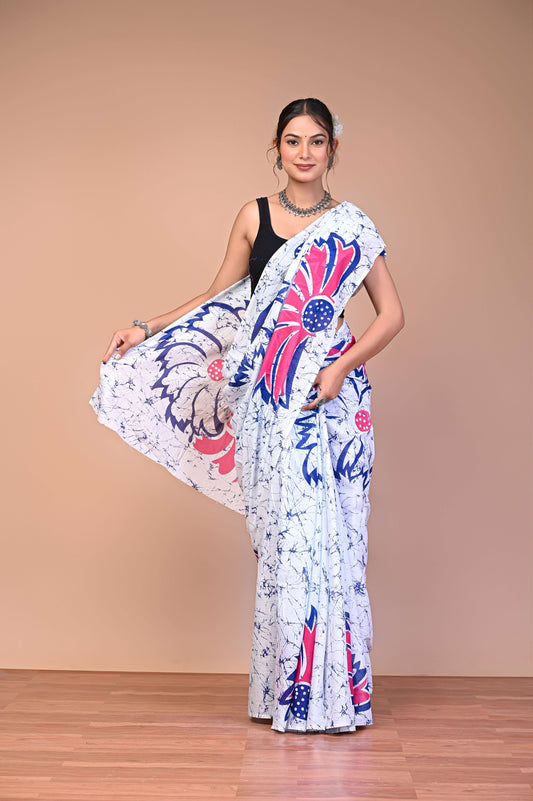 Batik Printed Cotton Mul Saree with traditional batik motifs