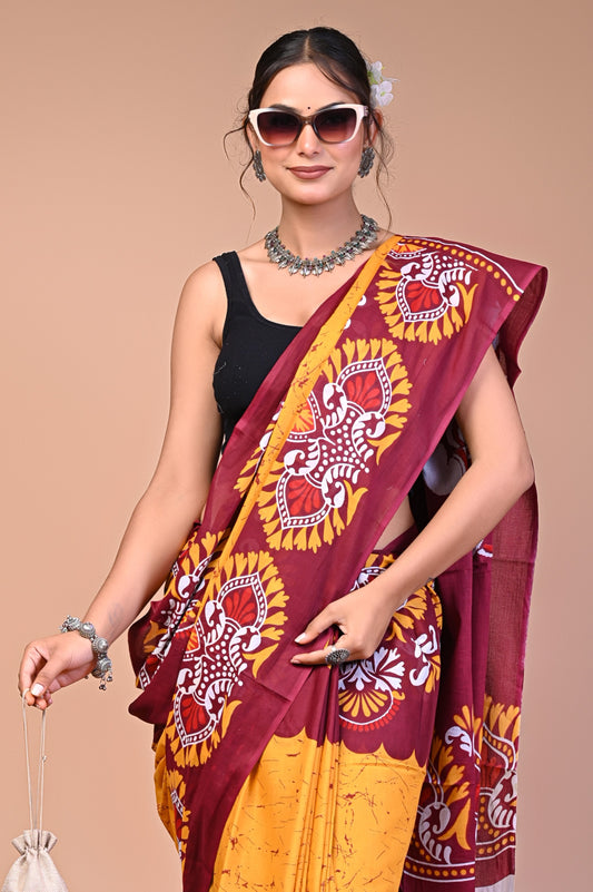 Hand Block Print Cotton Mulmul Saree – Lightweight & Breathable Everyday Wear