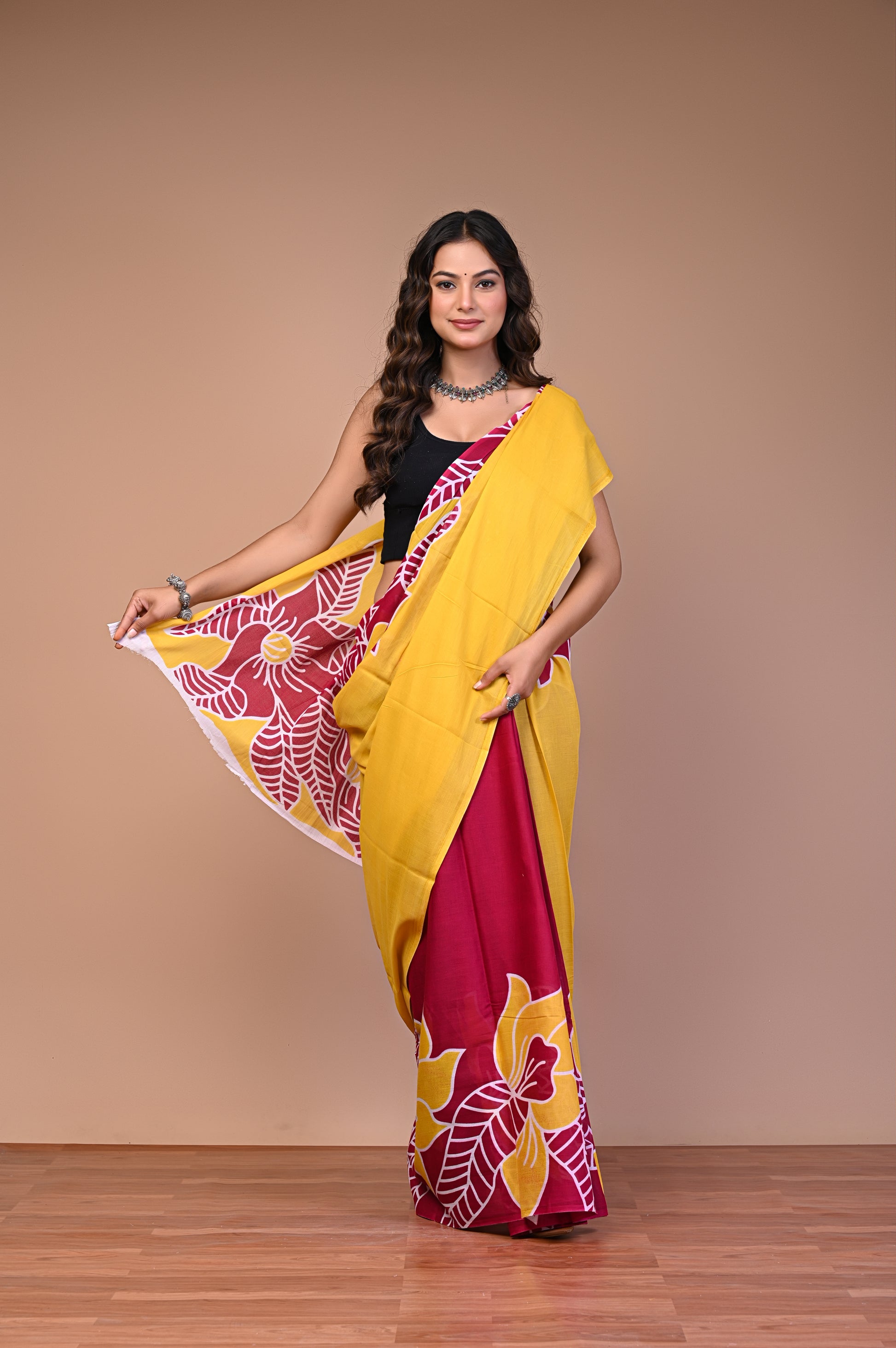Batik Printed Cotton Mul Saree full drape view in lightweight breathable fabric