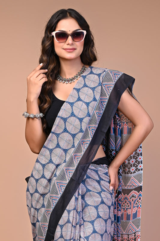 Hand Block Print Cotton Mulmul Saree – Soft, Lightweight & Breathable