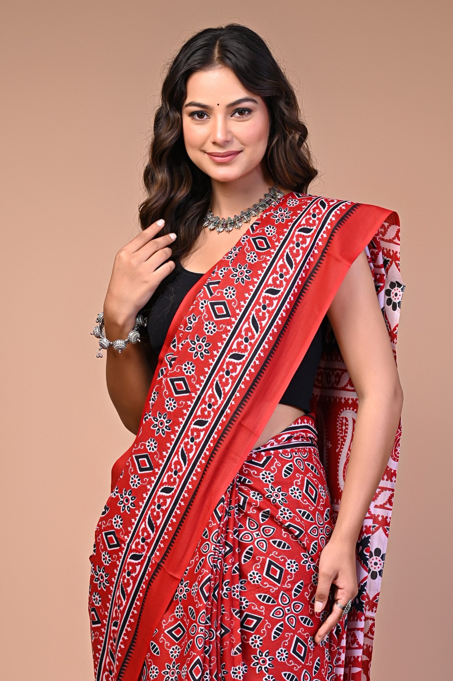 Ajrakh Printed Cotton Mul Saree featuring handcrafted Ajrakh pattern in red
