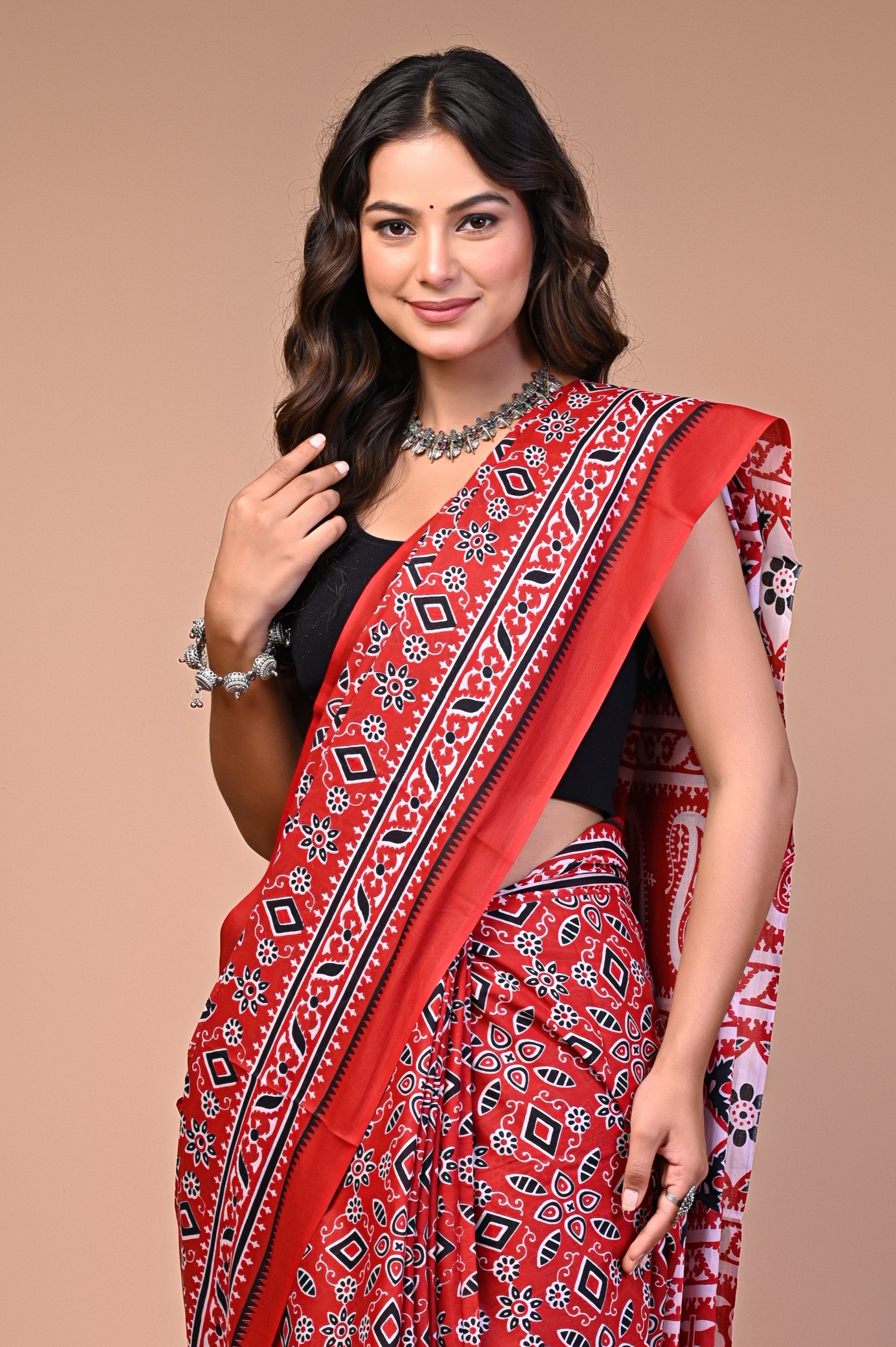 Ajrakh Printed Cotton Mul Saree featuring handcrafted Ajrakh pattern in red