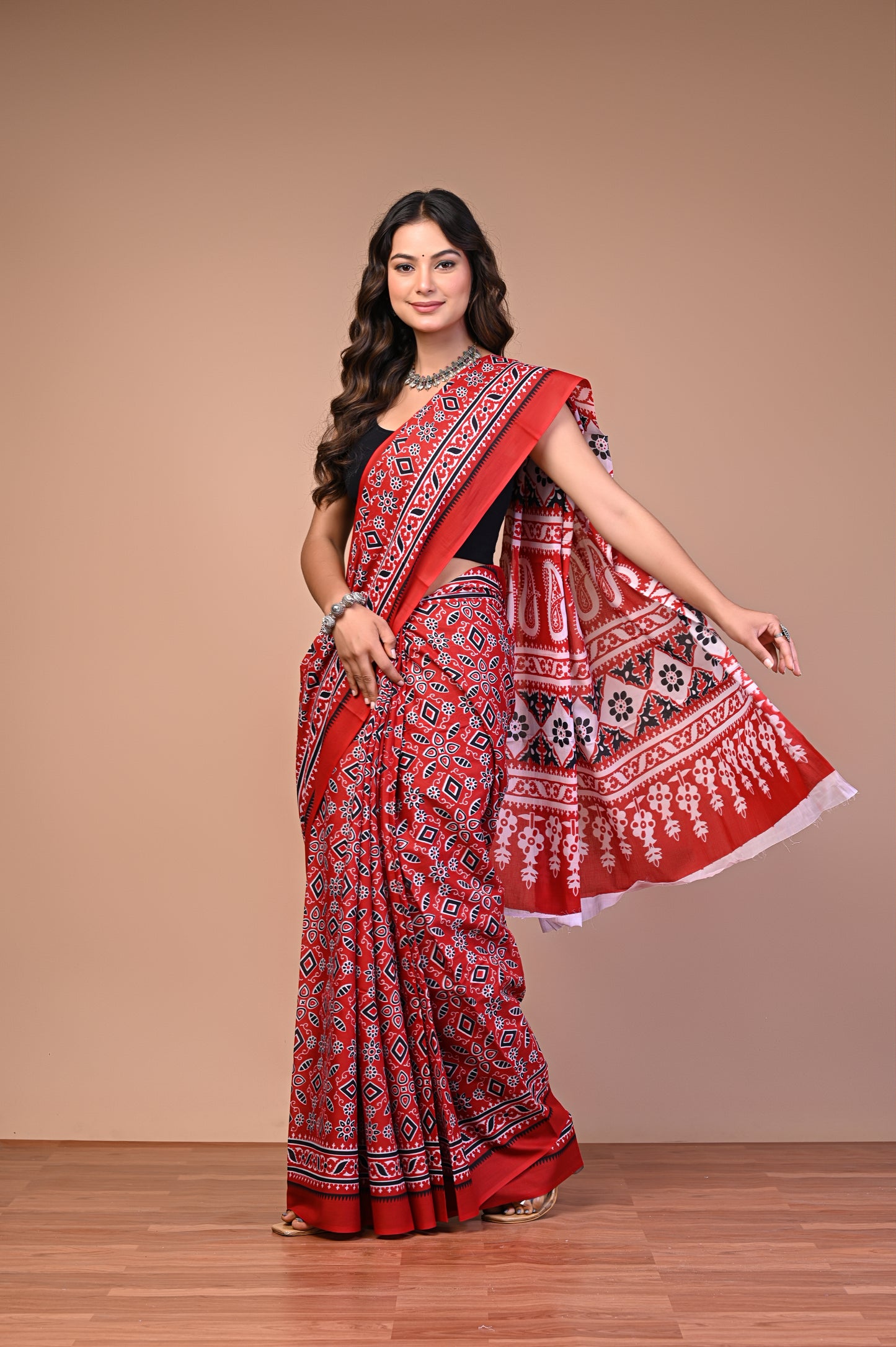 Ajrakh Printed Cotton Mul Saree close-up showing fine red Ajrakh print detailing