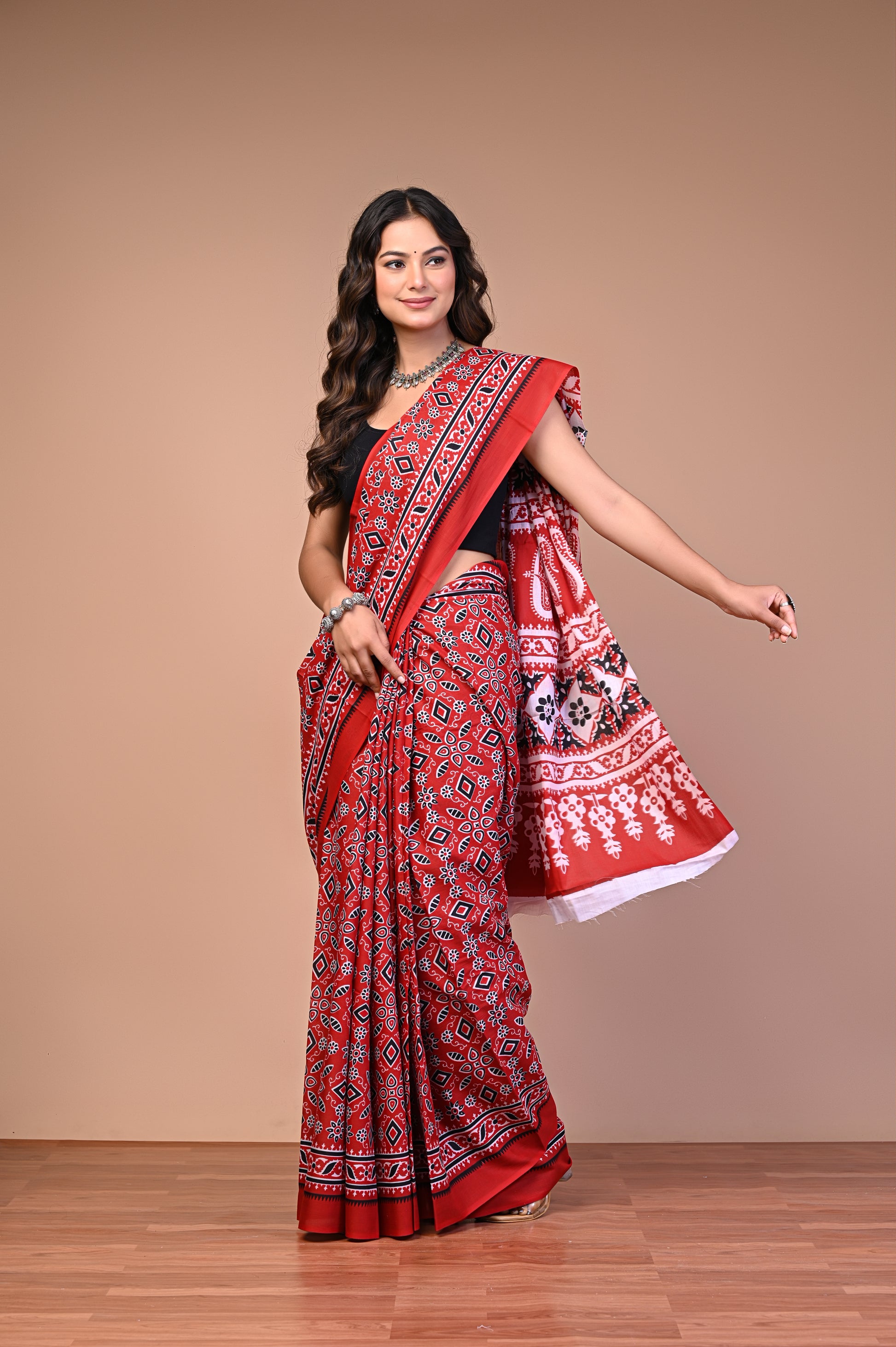 Ajrakh Printed Cotton Mul Saree full drape view in rich red color