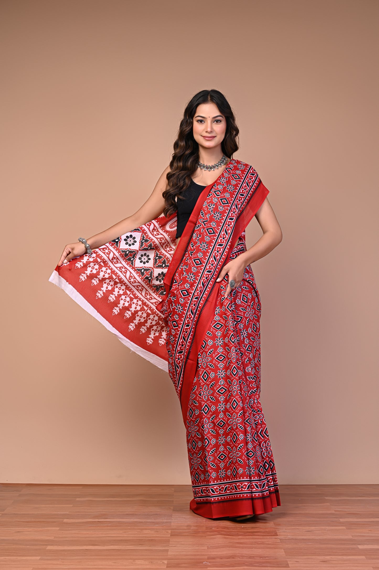 Ajrakh Printed Cotton Mul Saree with ethnic Ajrakh design on soft breathable fabric
