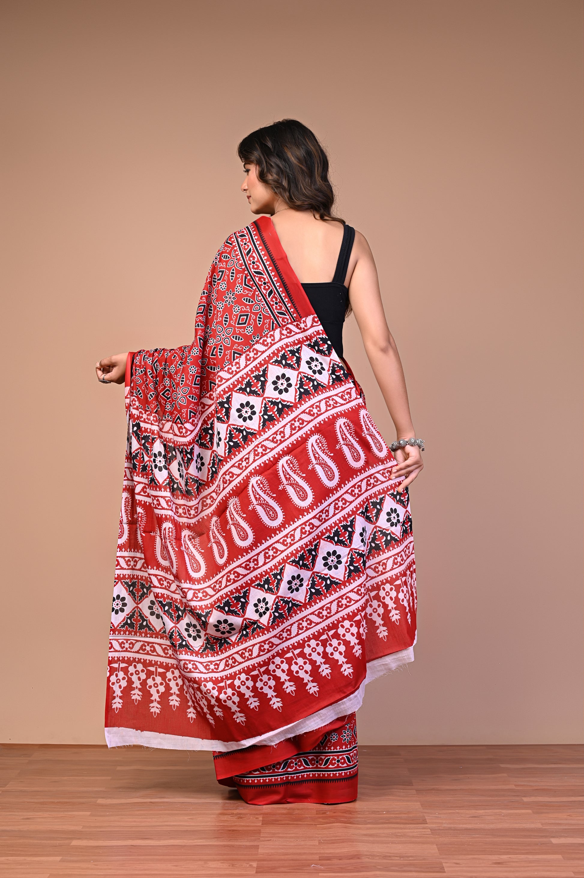 Ajrakh Printed Cotton Mul Saree fabric texture detail highlighting lightweight weave