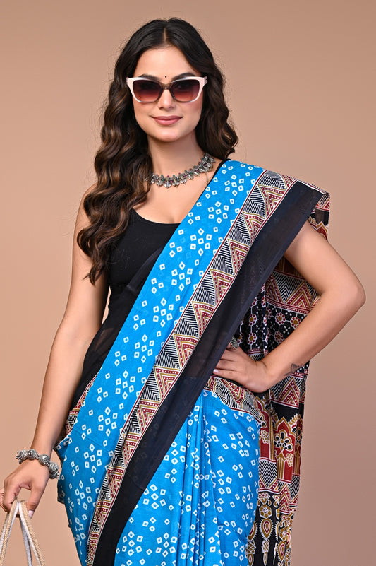 Hand Block Print Cotton Mulmul Saree | Lightweight Soft Cotton Saree for Daily & Summer Wear
