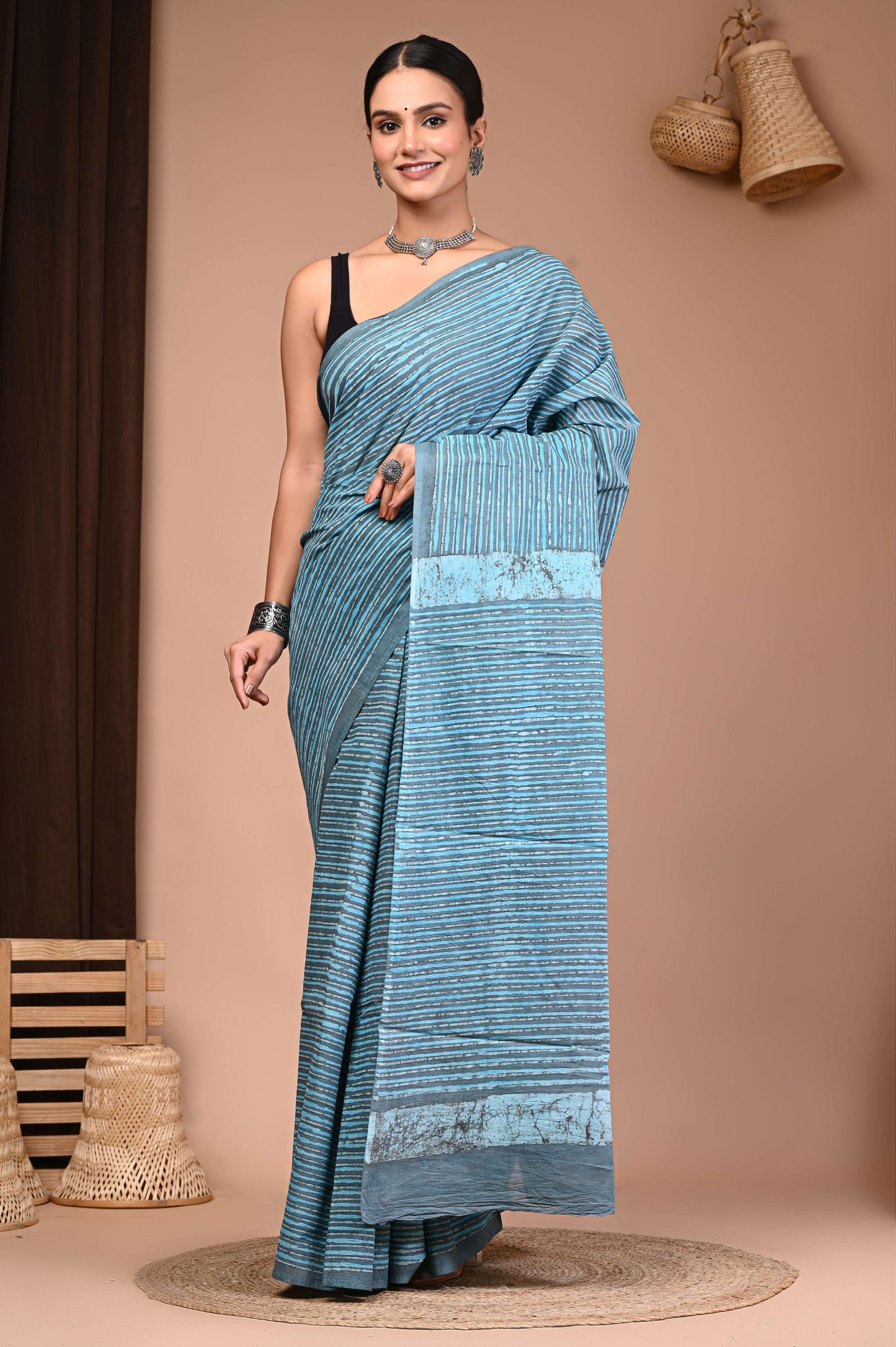 Aqua Lines Handblock Cotton Saree