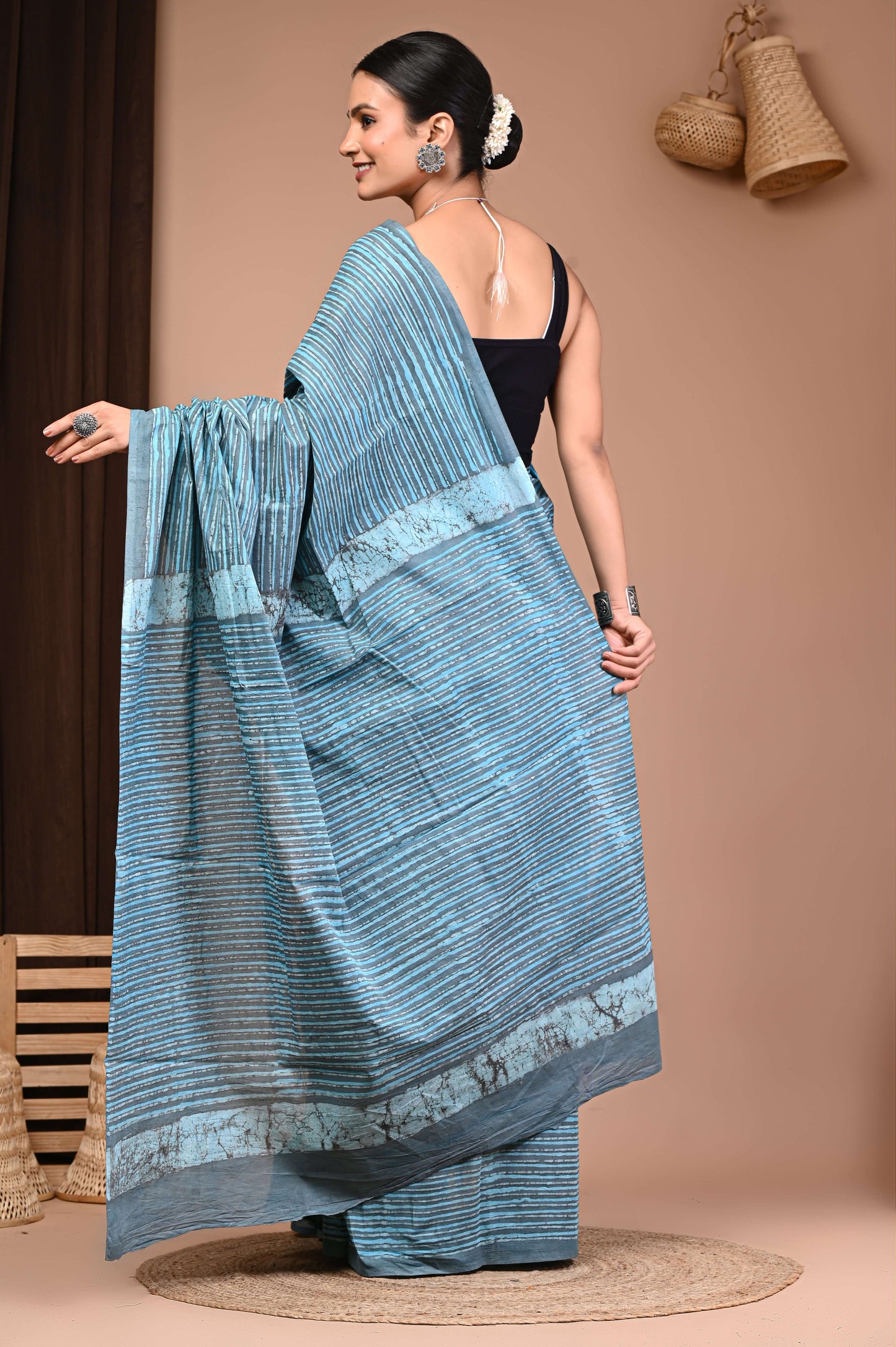 Aqua Lines Handblock Cotton Saree