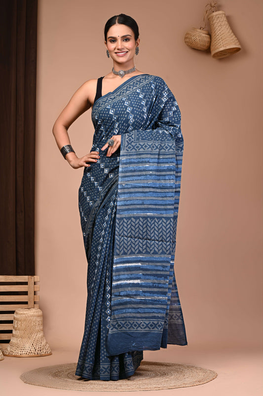 Cotton Hand Block Printed Saree