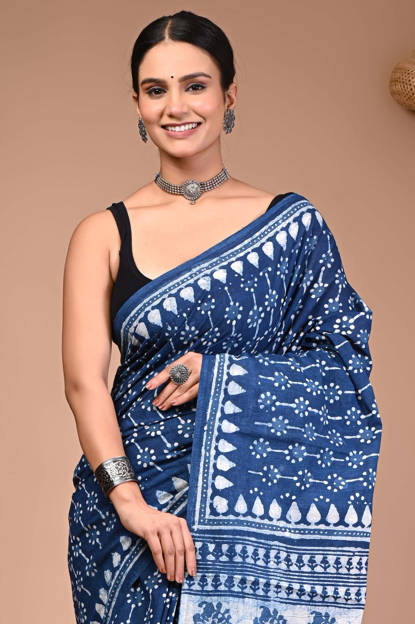 Indigo Hand Block Printed Cotton Saree