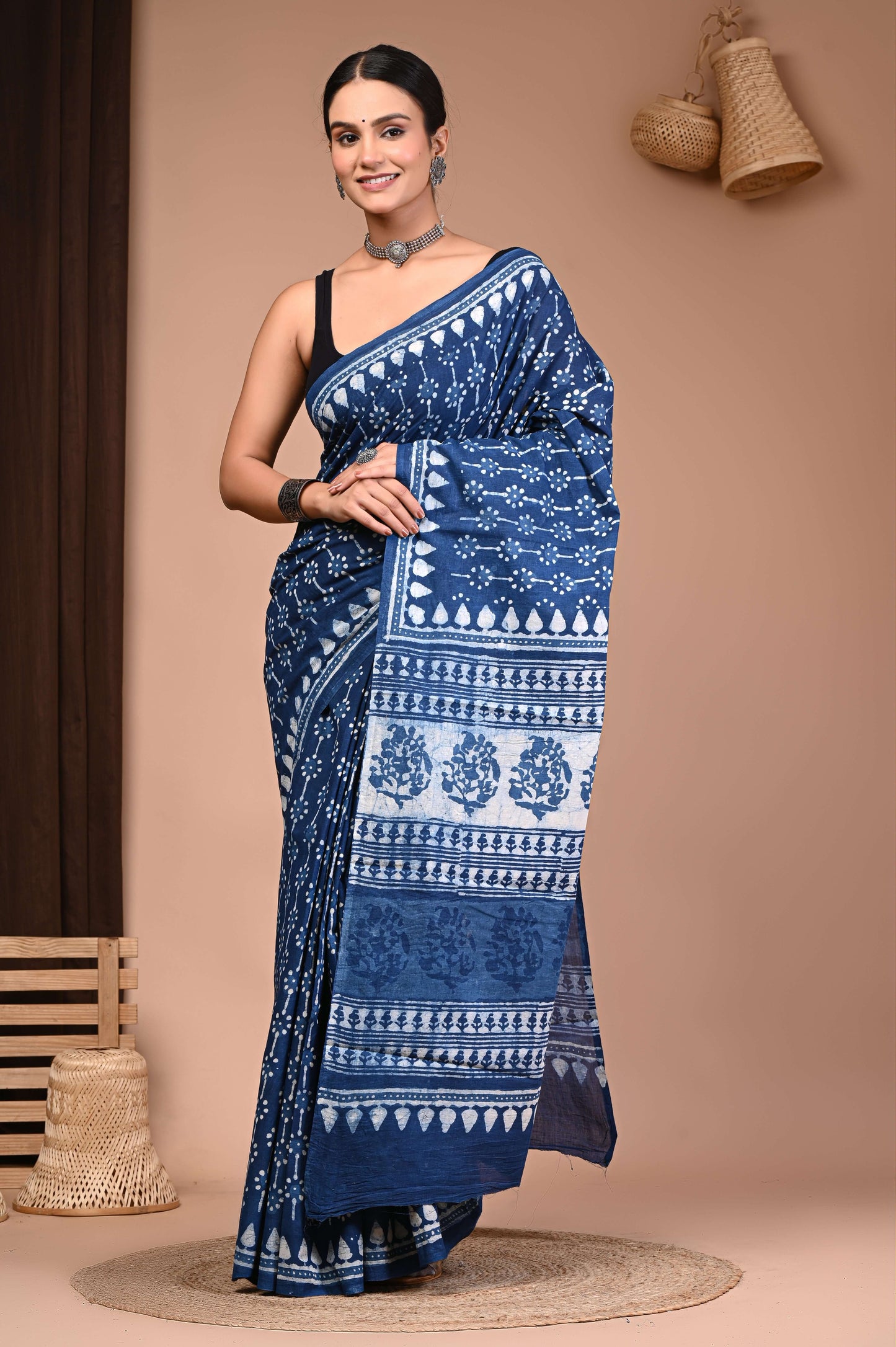 Indigo Hand Block Printed Cotton Saree