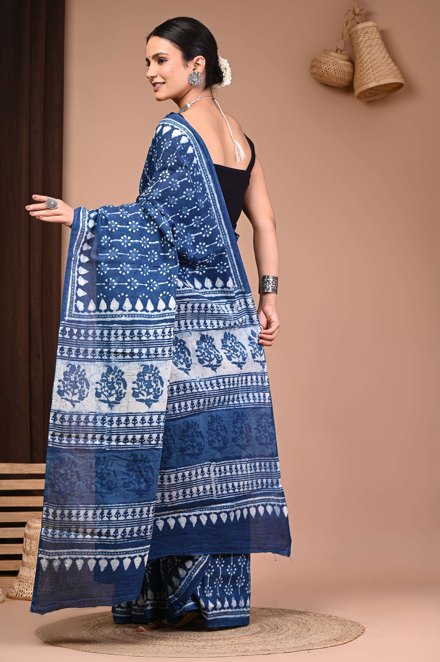 Indigo Hand Block Printed Cotton Saree