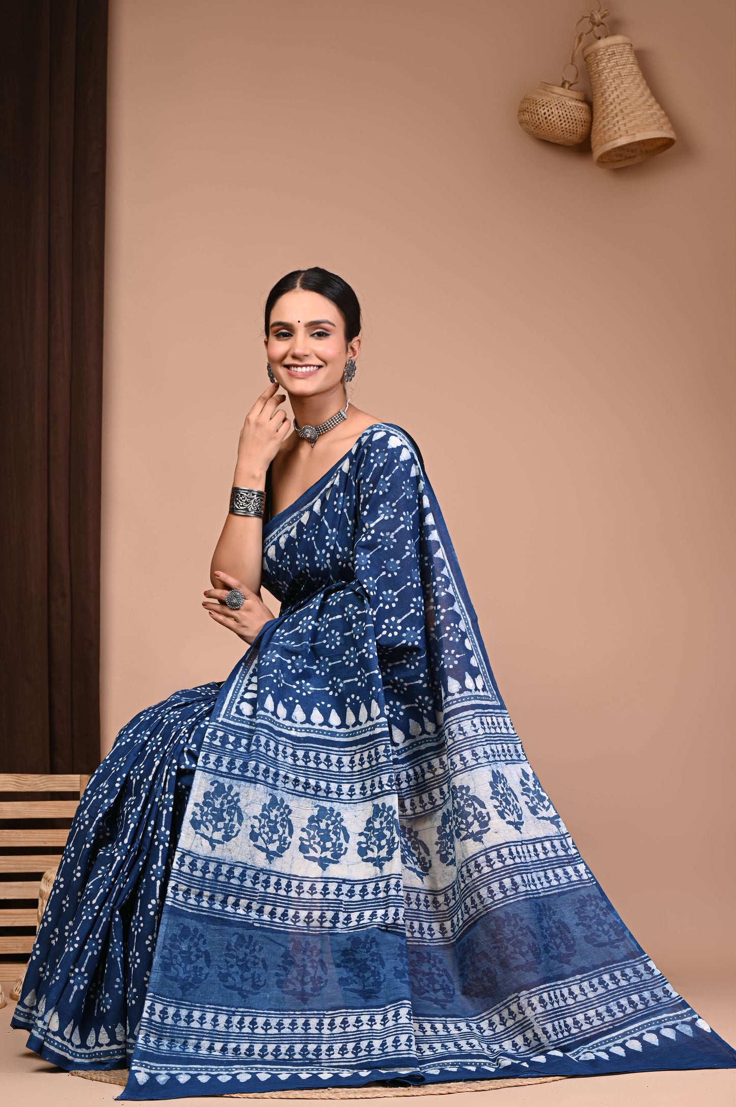 Indigo Hand Block Printed Cotton Saree