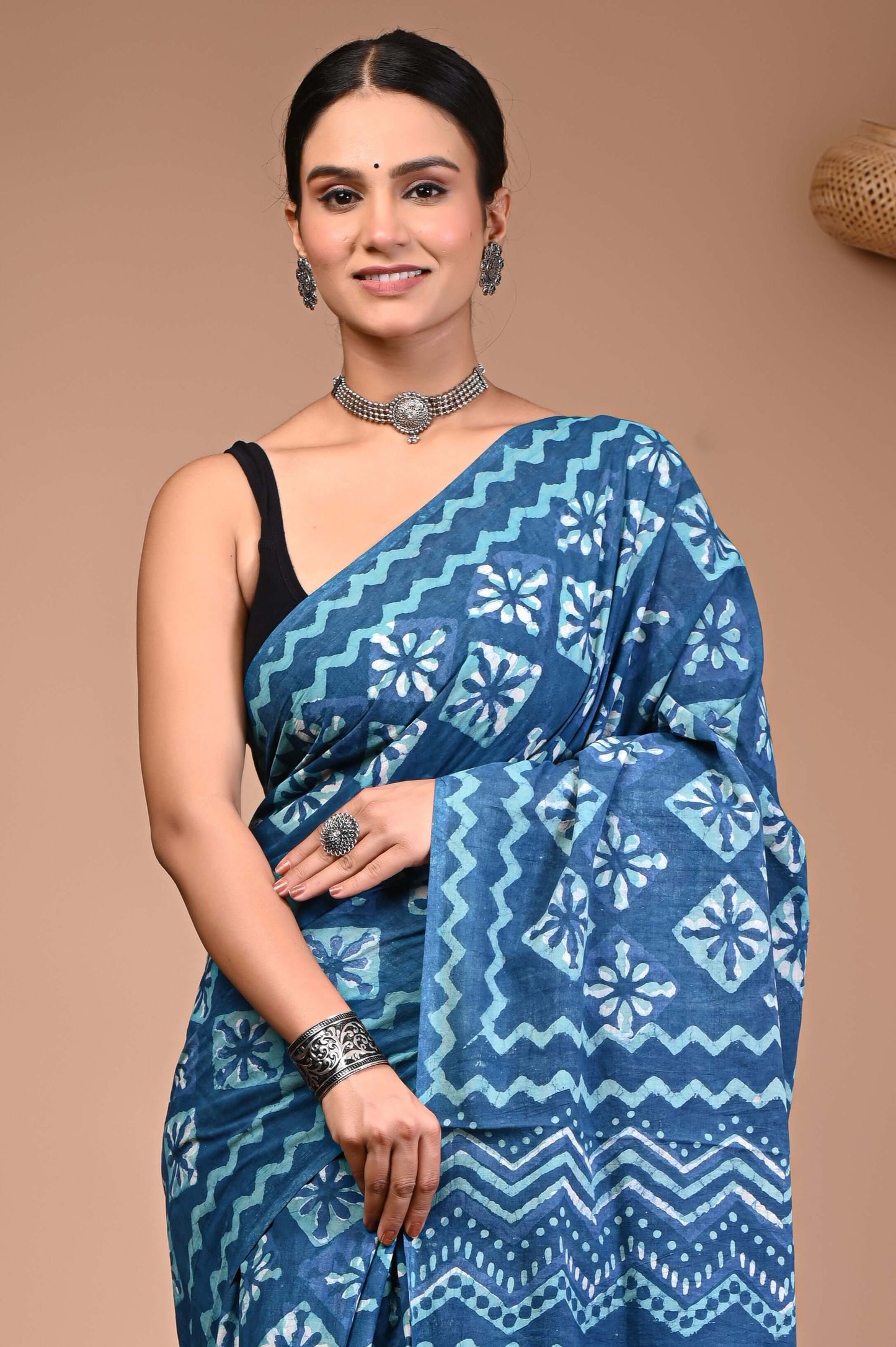 Aqua Indigo Wave Dabu Print Cotton Saree