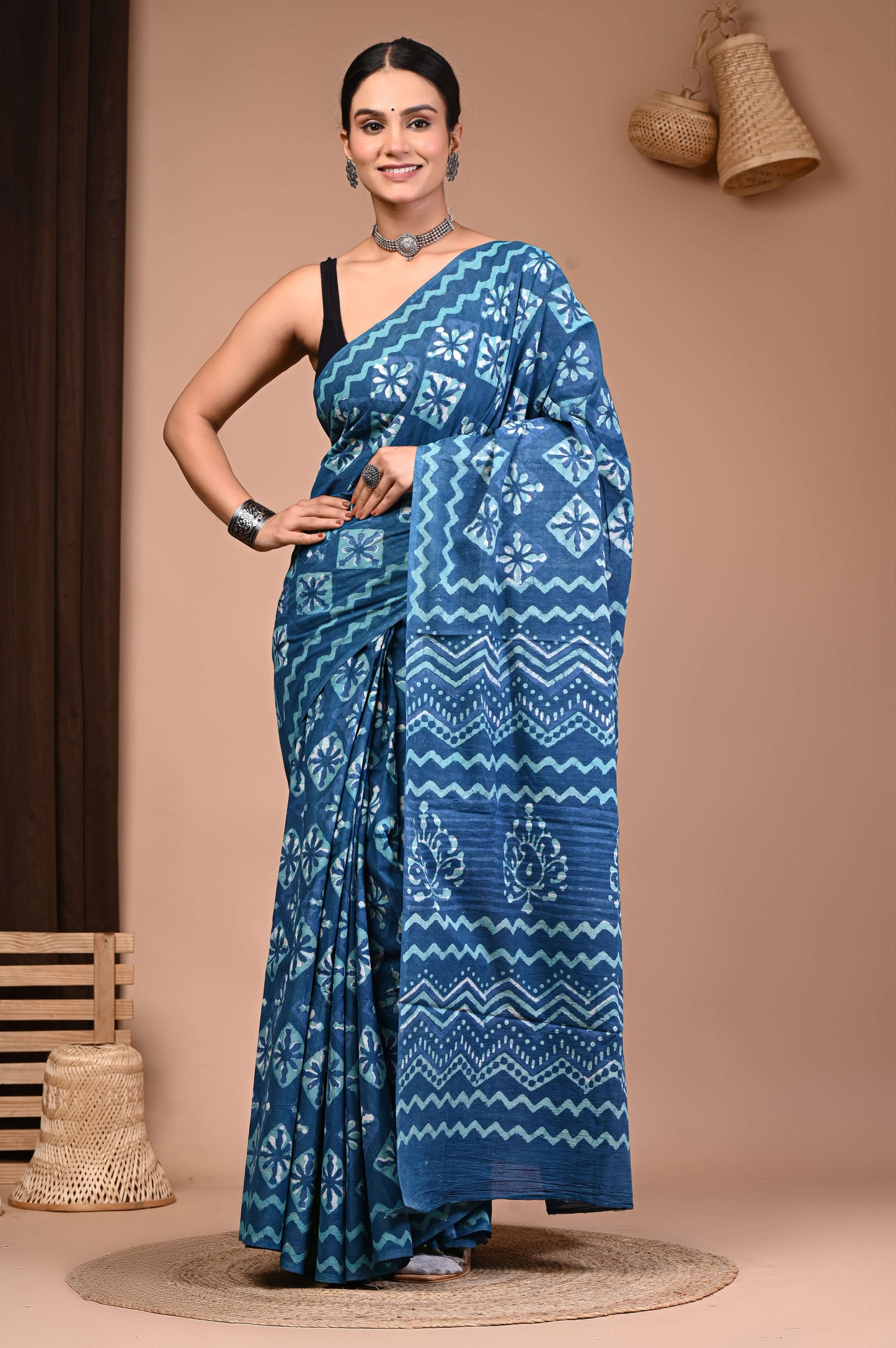 Aqua Indigo Wave Dabu Print Cotton Saree