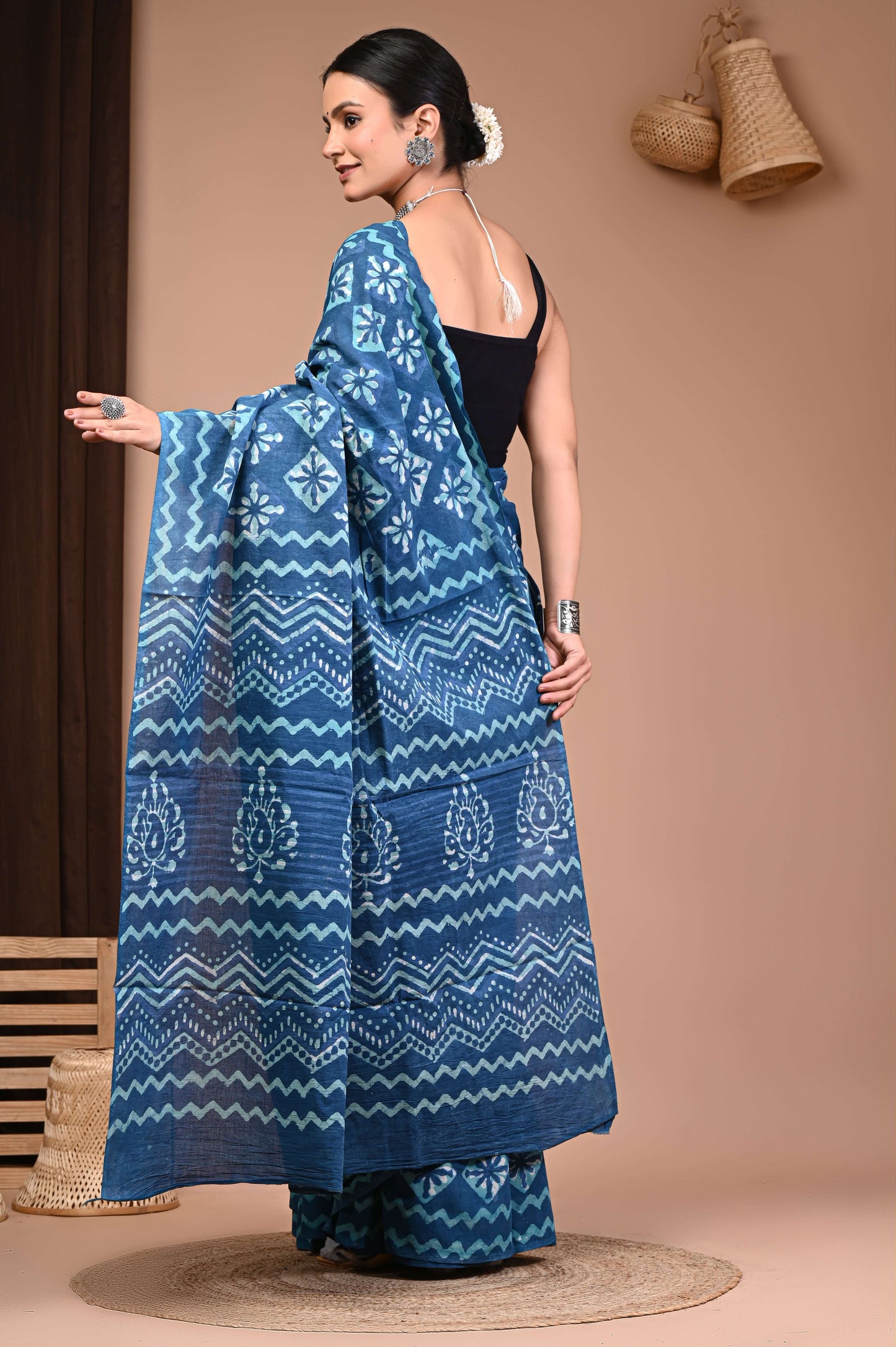 Aqua Indigo Wave Dabu Print Cotton Saree