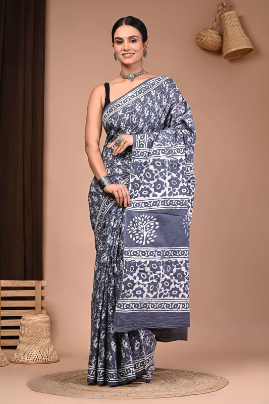 Misty Grey Floral Dabu Print Cotton Saree