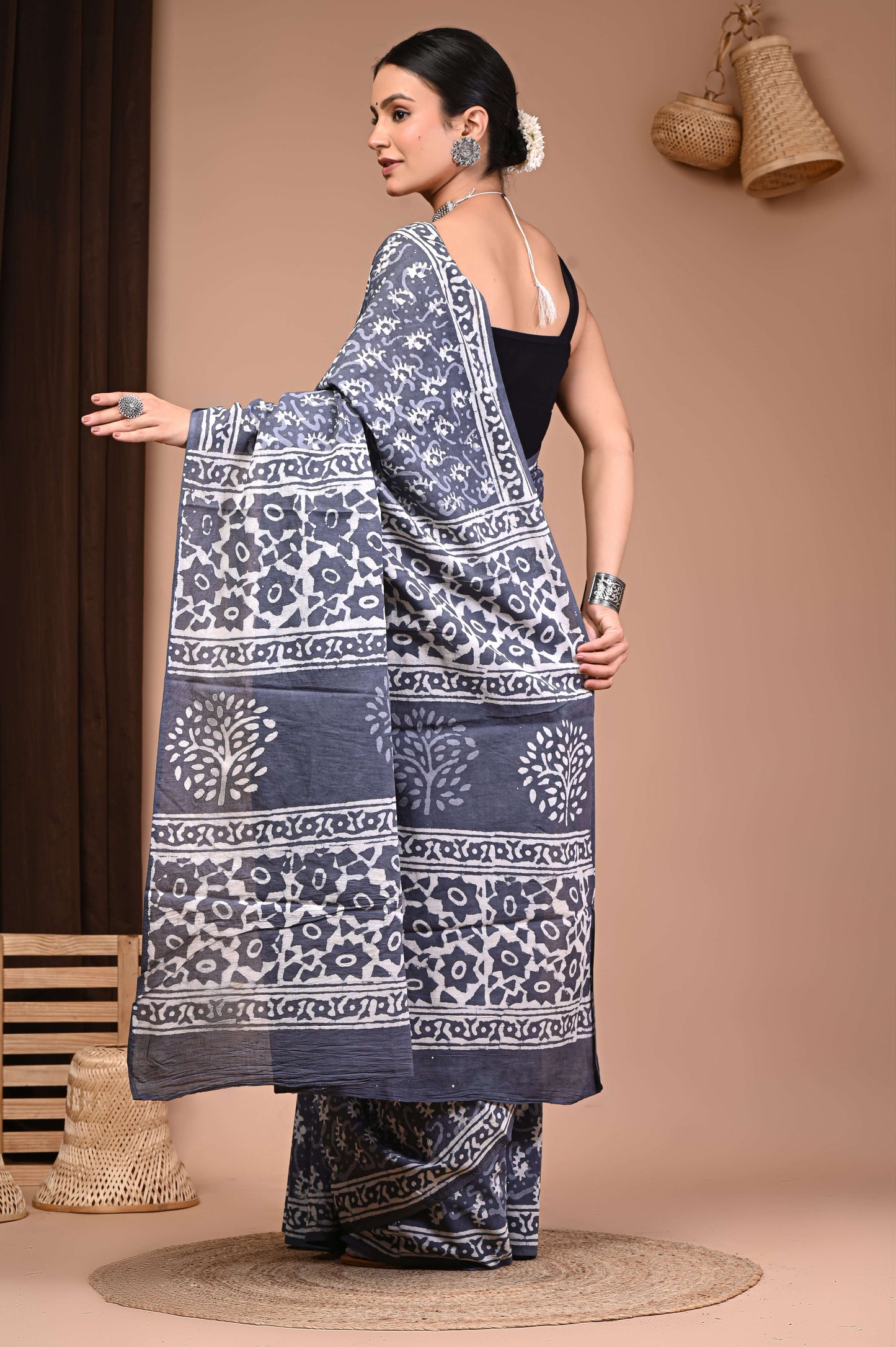 Misty Grey Floral Dabu Print Cotton Saree