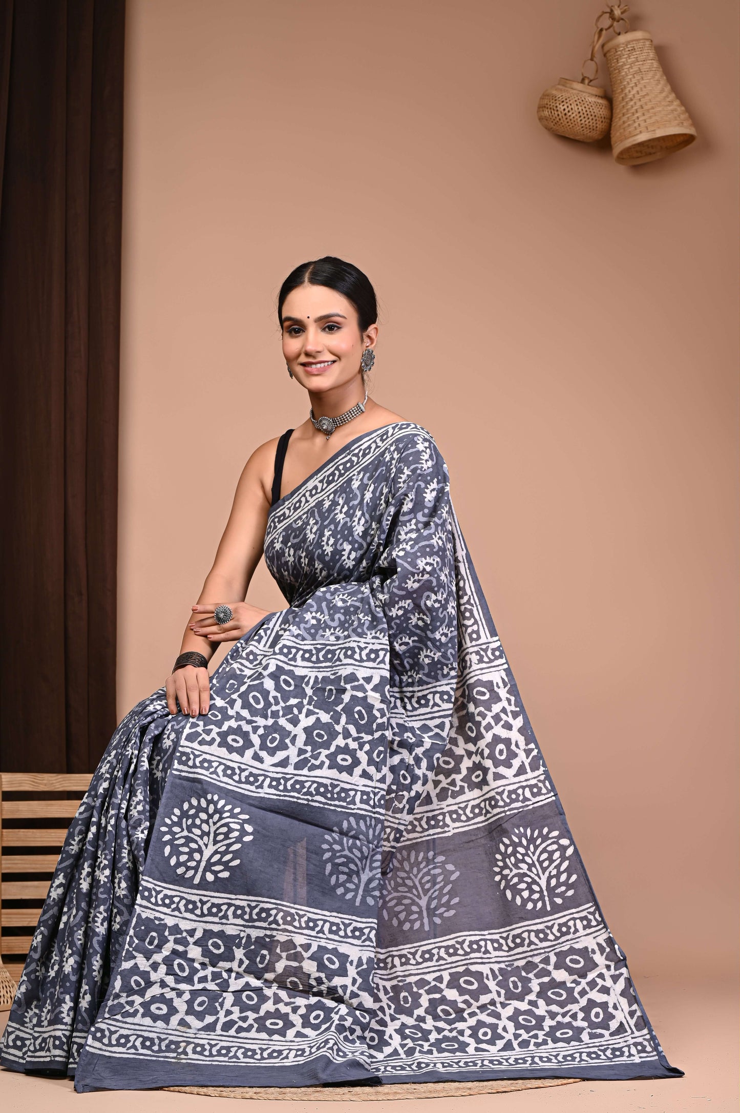 Misty Grey Floral Dabu Print Cotton Saree