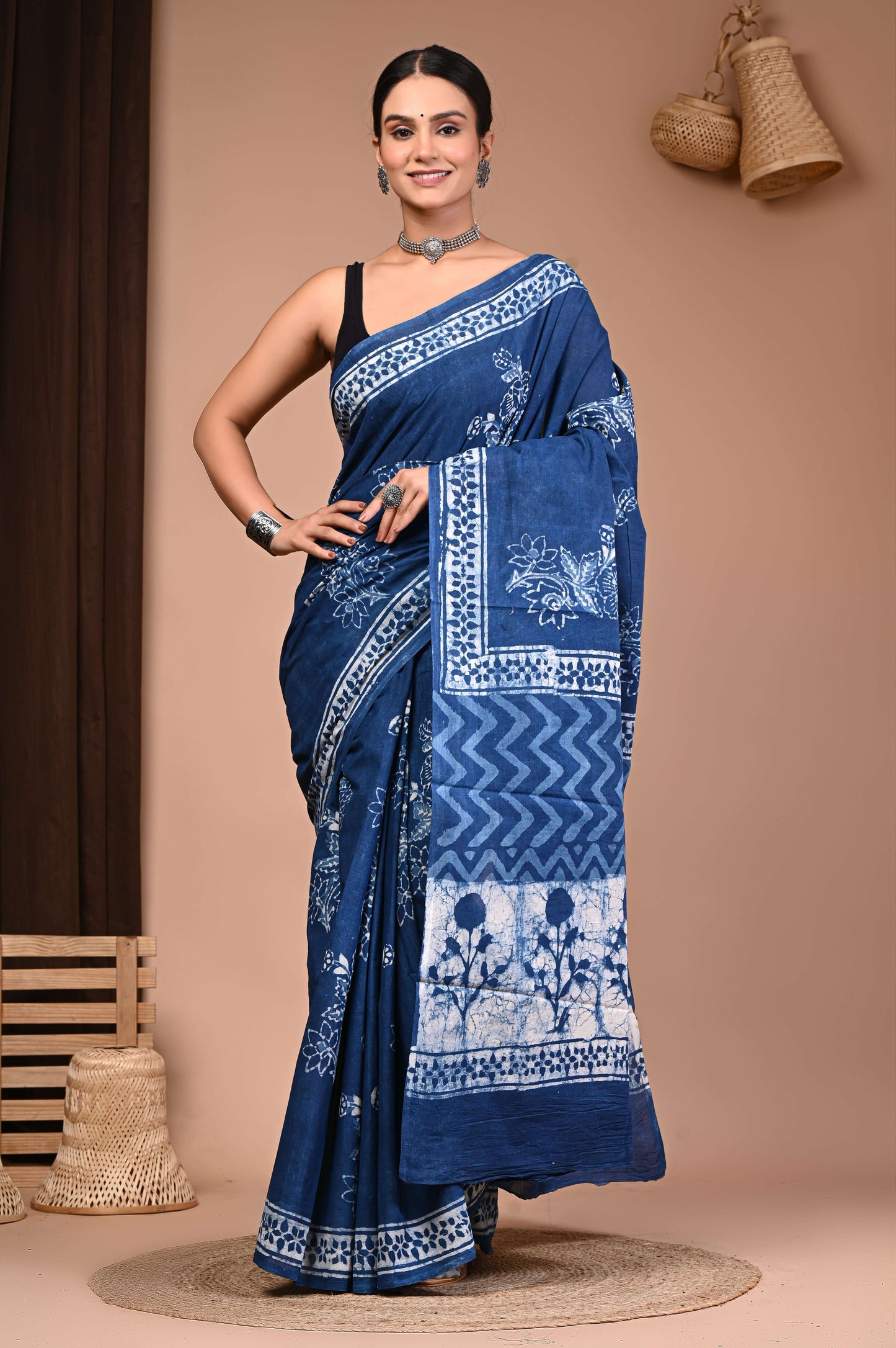 Indigo Hand Block Printed Cotton Saree