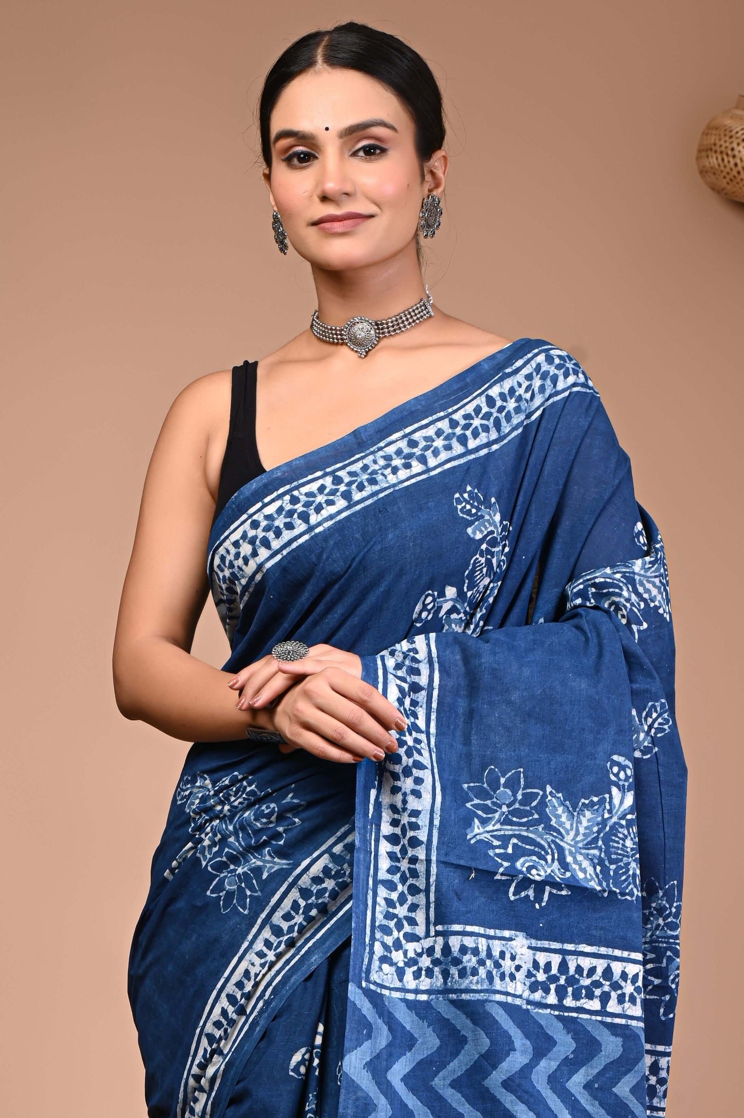 Indigo Hand Block Printed Cotton Saree