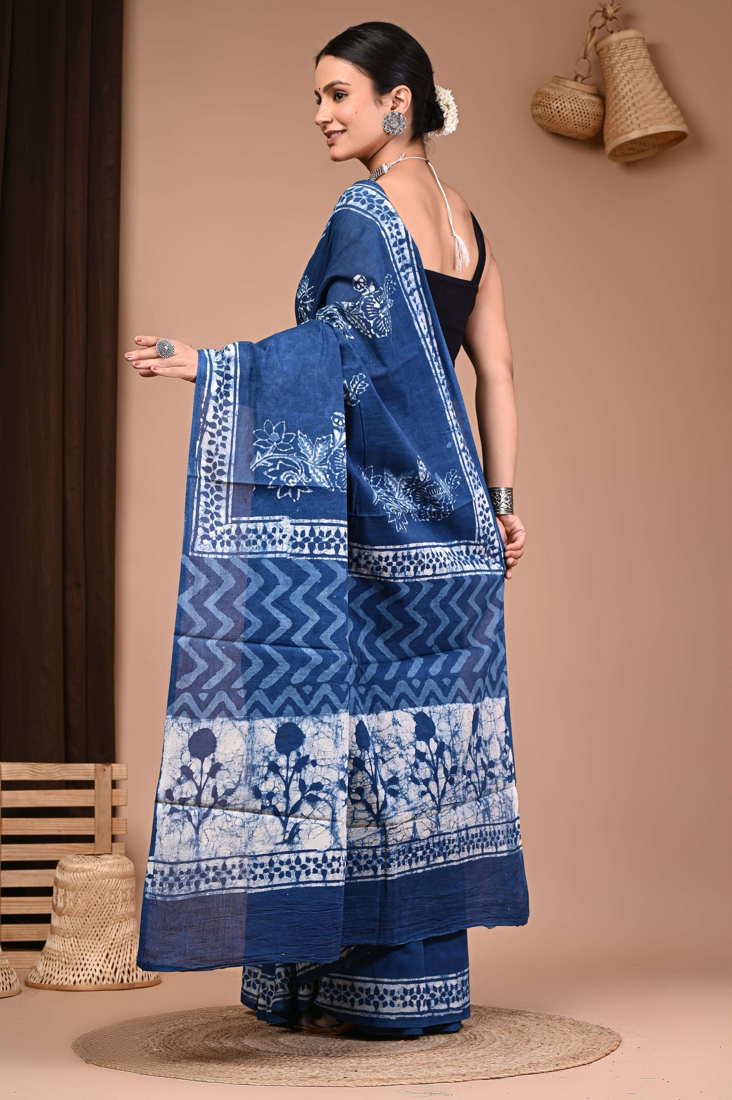 Indigo Hand Block Printed Cotton Saree