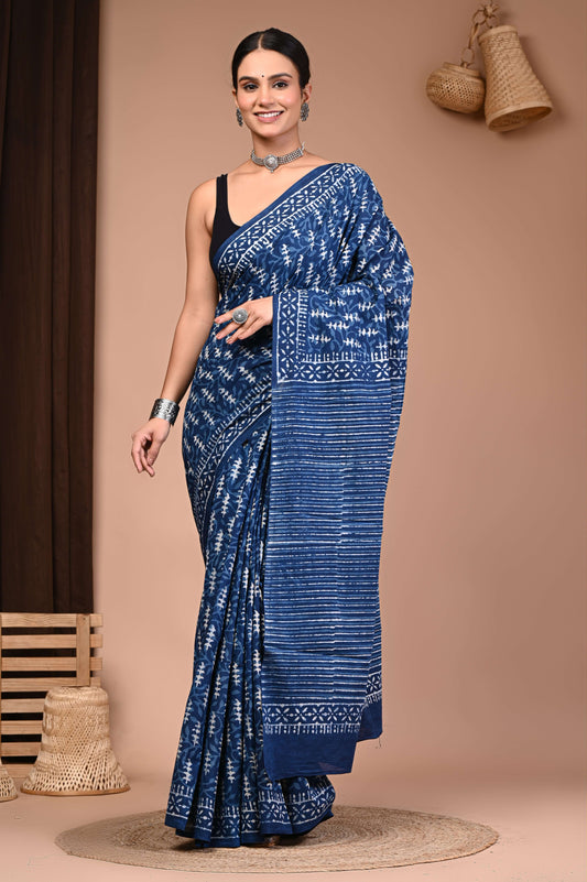 Indigo Hand Block Printed Cotton Saree