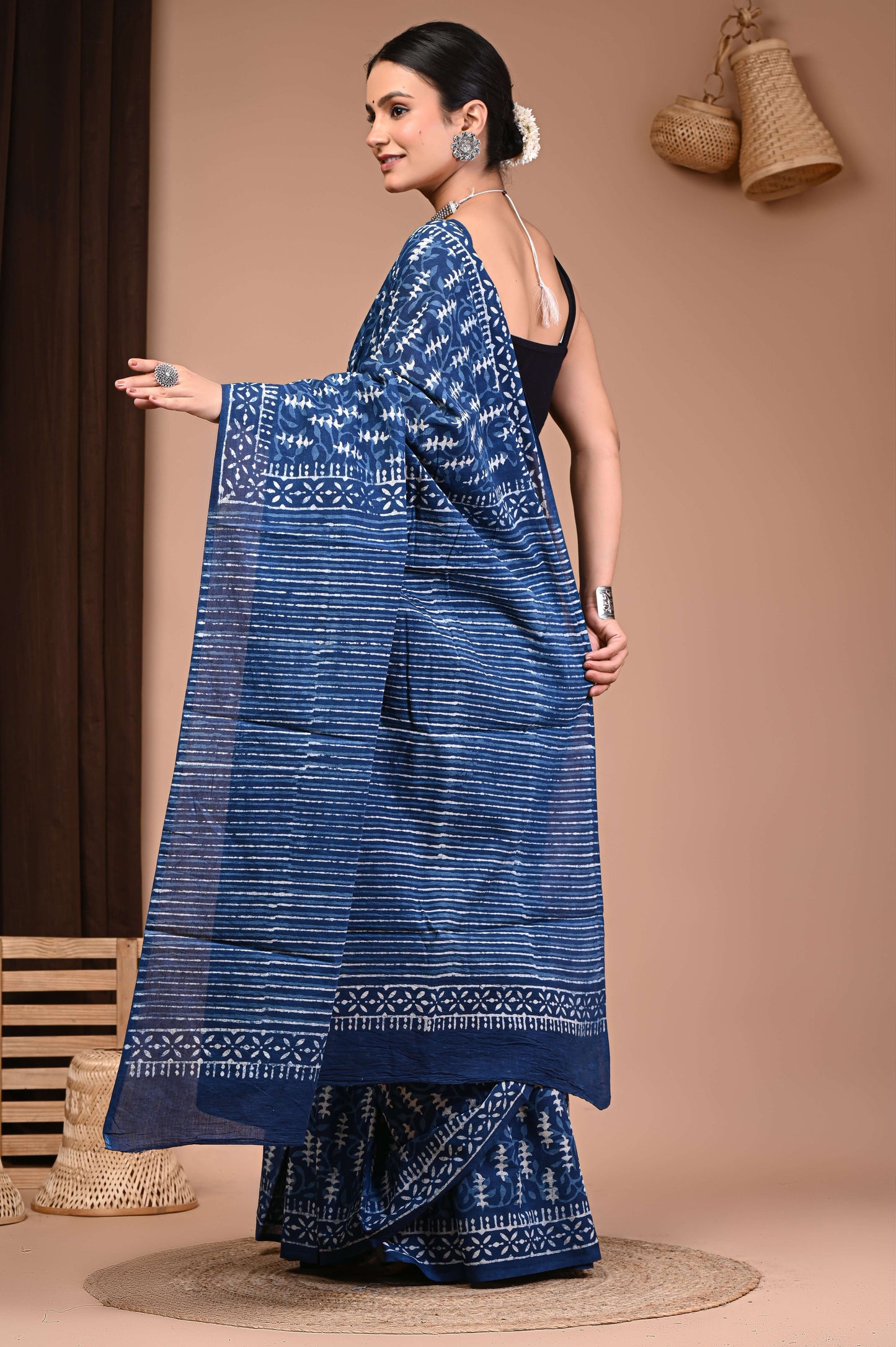Indigo Hand Block Printed Cotton Saree