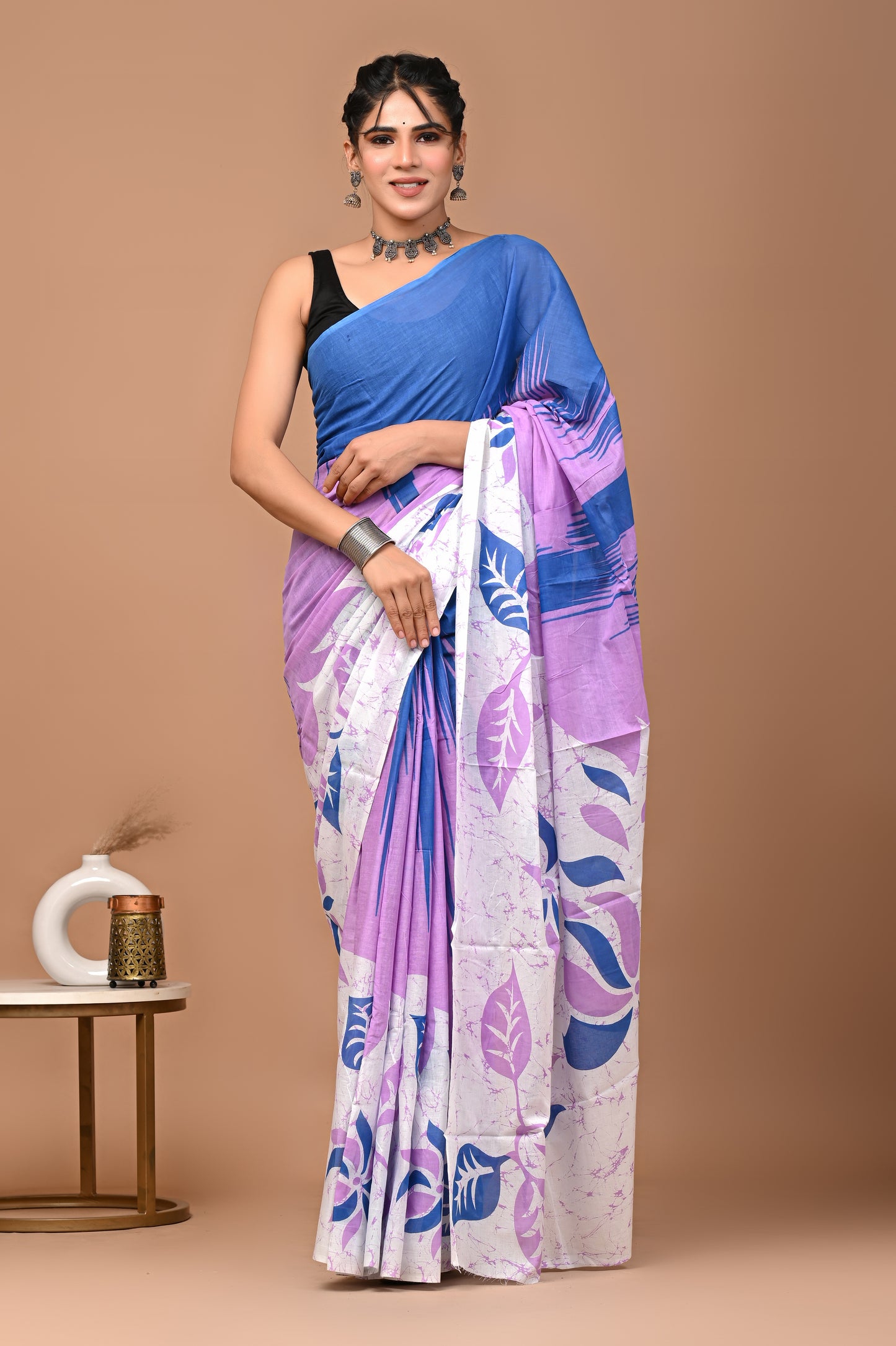 Blue & Lavender Hand Block Print Cotton Mulmul Saree