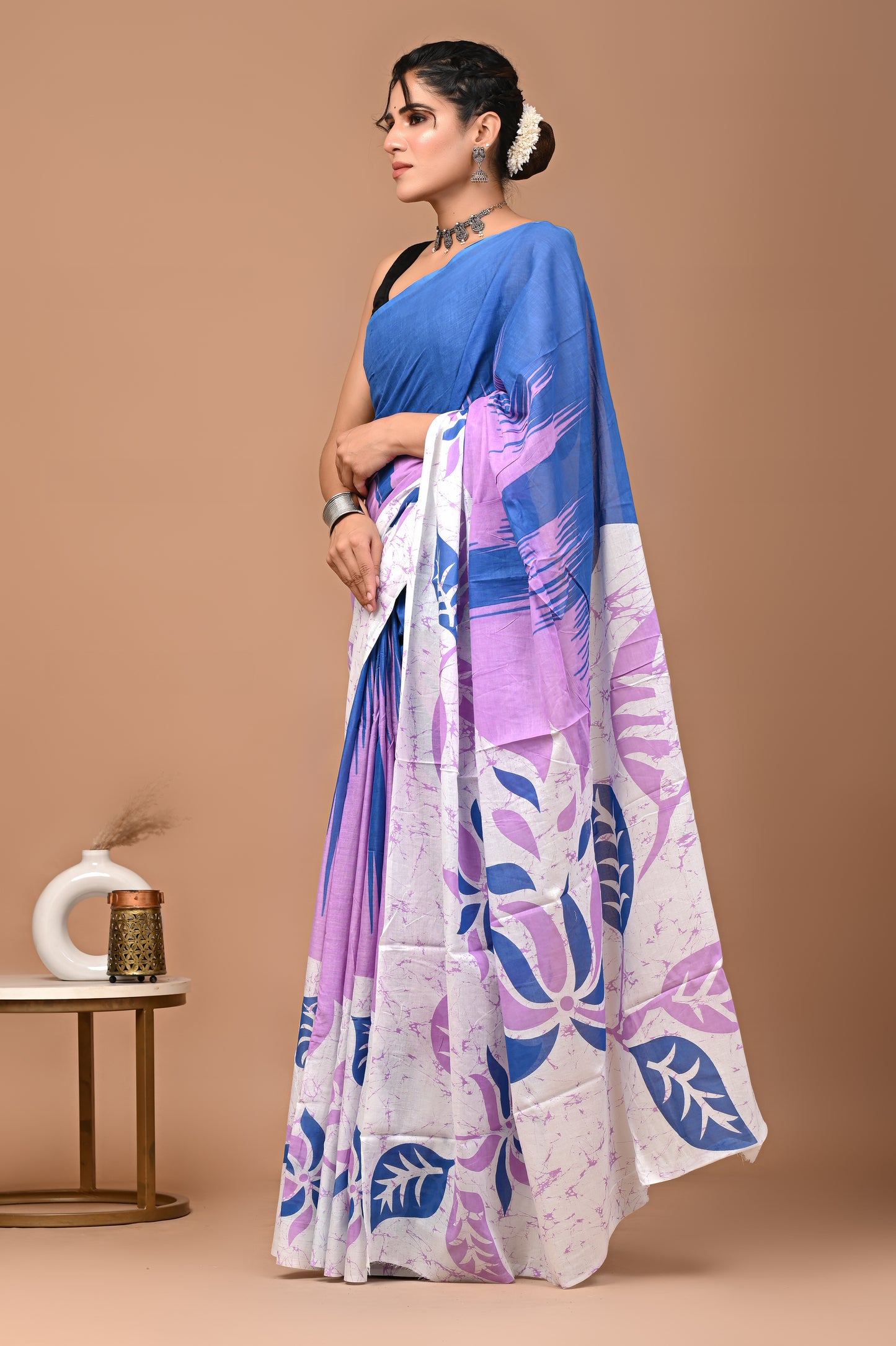 Blue & Lavender Hand Block Print Cotton Mulmul Saree