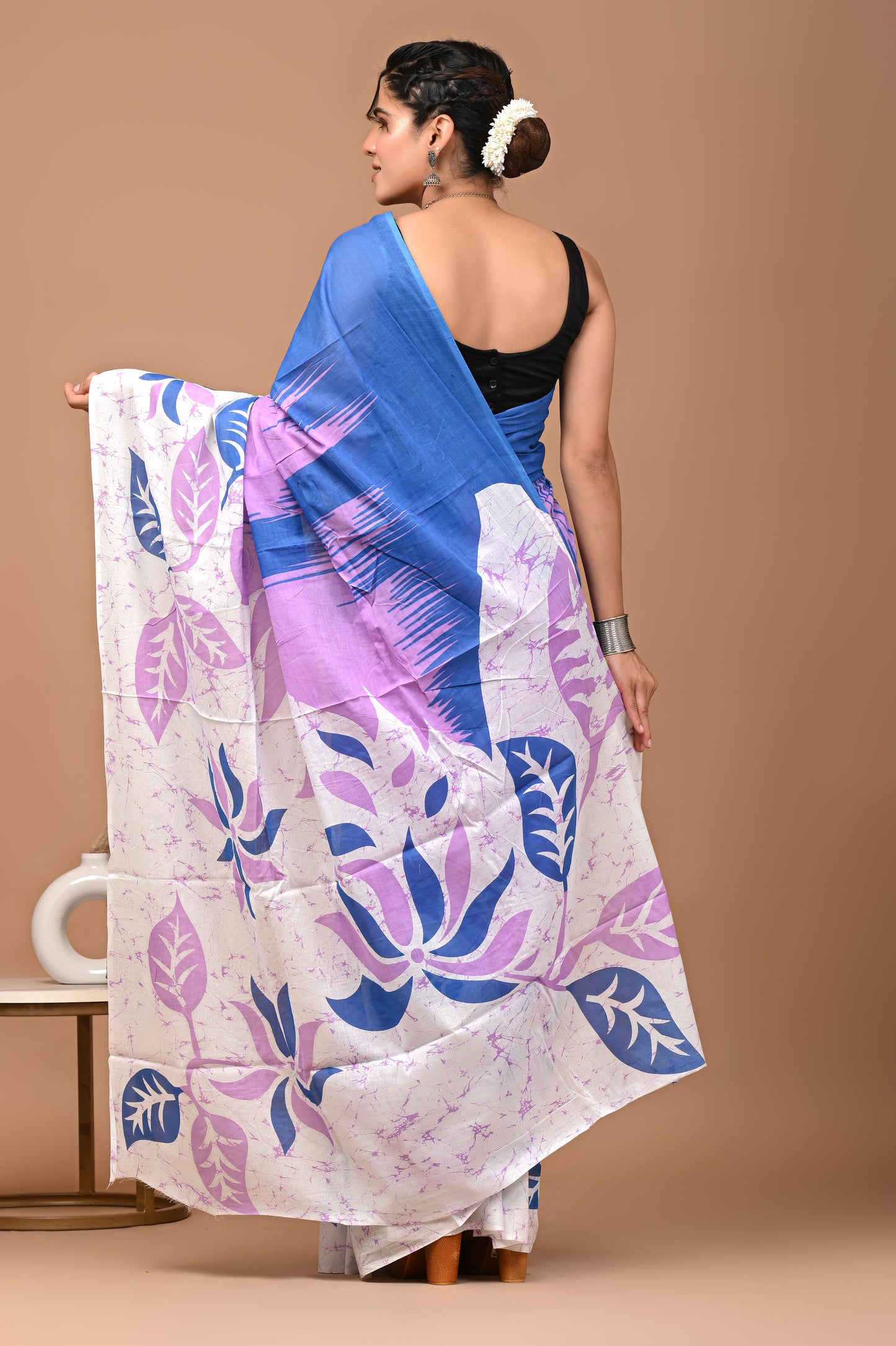 Blue & Lavender Hand Block Print Cotton Mulmul Saree