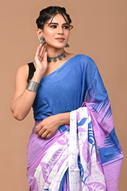 Blue & Lavender Hand Block Print Cotton Mulmul Saree