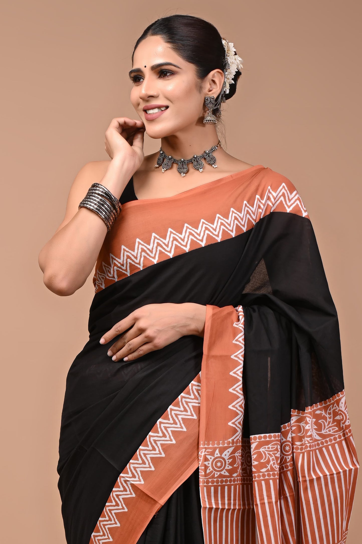 Hand Block Printed Cotton Mulmul Saree – Lightweight & Breathable