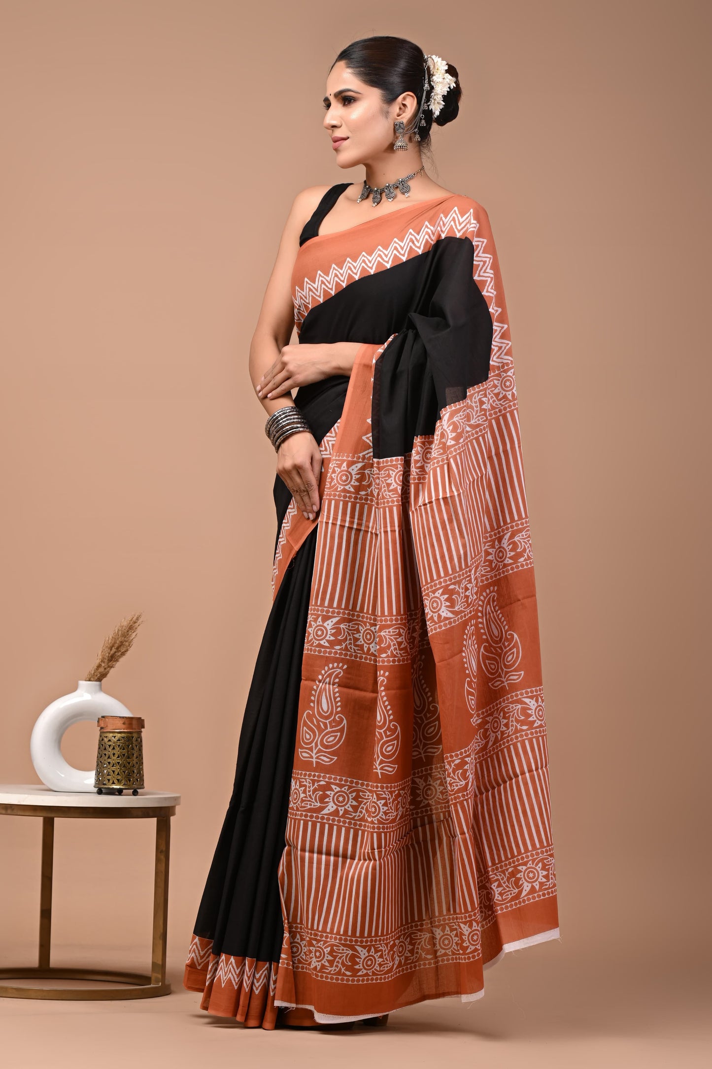 Hand Block Printed Cotton Mulmul Saree – Lightweight & Breathable