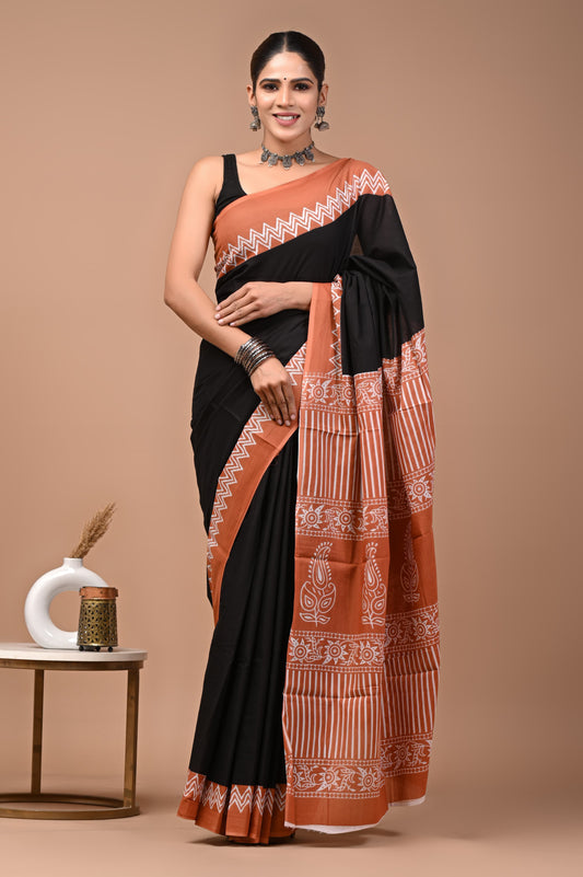 Hand Block Printed Cotton Mulmul Saree – Lightweight & Breathable